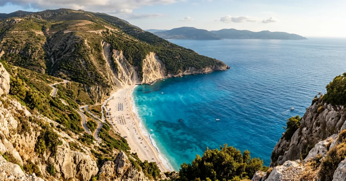 Panoramic view of Myrtos Beach in Kefalonia Greece with turquoise waters and white cliffs