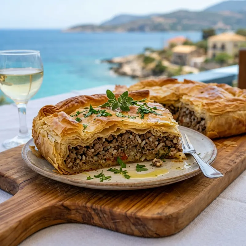 Freshly baked traditional Kefalonian meat pie slice on a rustic taverna table