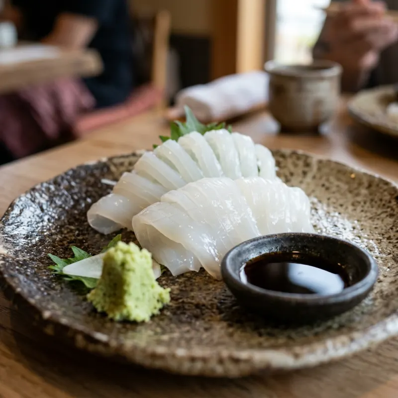 Translucent Japanese swordtip squid sashimi on a traditional Hagi pottery plate