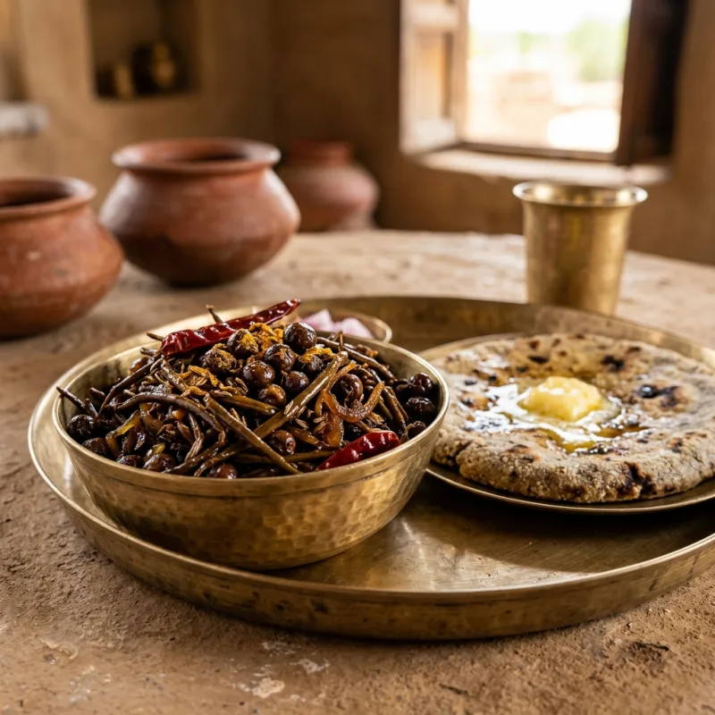 Ker Sangri served on a brass plate with bajra roti