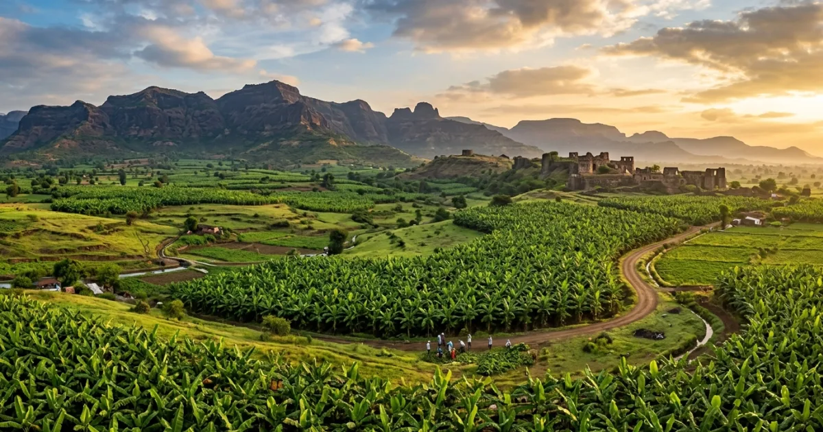 Panoramic landscape view of Khandesh showing farmlands and distant hills in Maharashtra