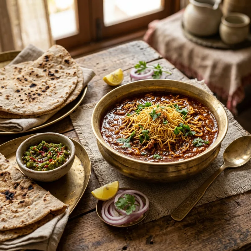 Authentic Khandeshi Shev Bhaji in spicy coconut gravy with jowar bhakri