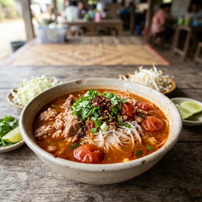 Authentic bowl of Shan Khao Sen rice noodles in tomato broth with herbs