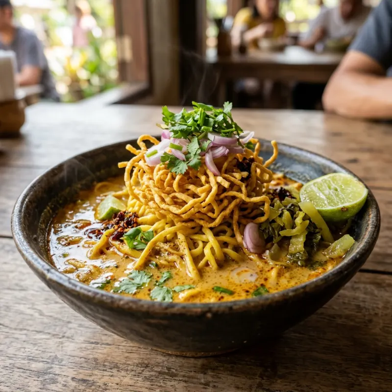 Bowl of traditional Northern Thai Khao Soi curry noodle soup with toppings
