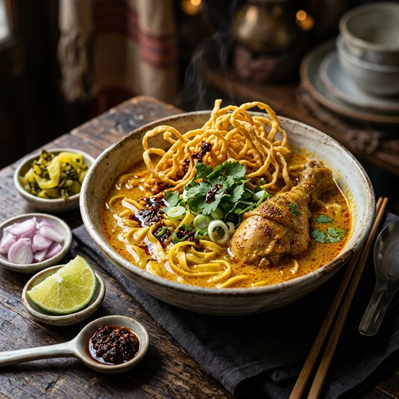 Authentic bowl of Northern Thai Khao Soi noodles with crispy toppings and lime