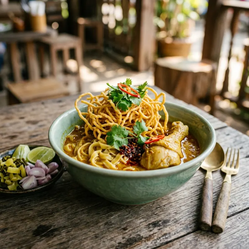 Authentic Northern Thai Khao Soi Gai curry noodle soup with condiments in Chiang Rai
