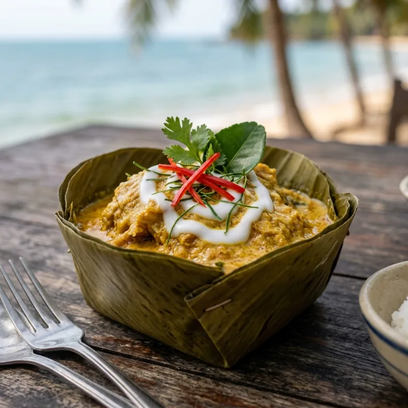 Authentic Khmer Fish Amok steamed in a banana leaf bowl