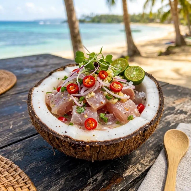 Fresh Kinilaw de Siargao ceviche served in a coconut shell with lime and chilies