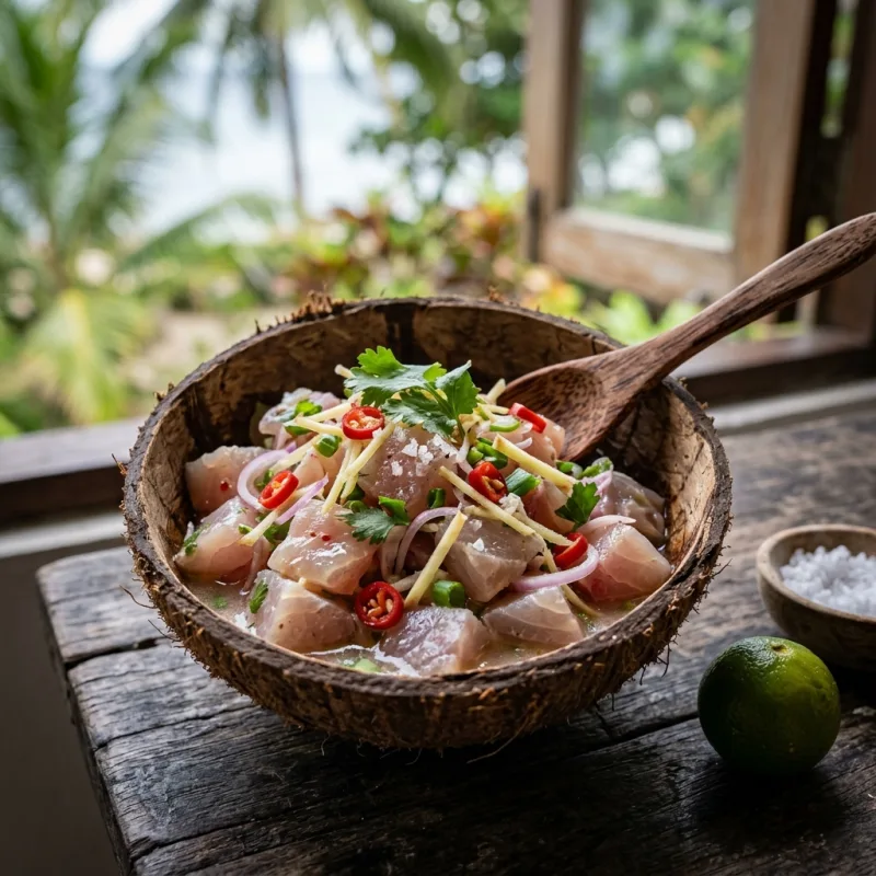 Fresh Kinilaw de Siquijor ceviche served in a coconut shell with calamansi and chilies