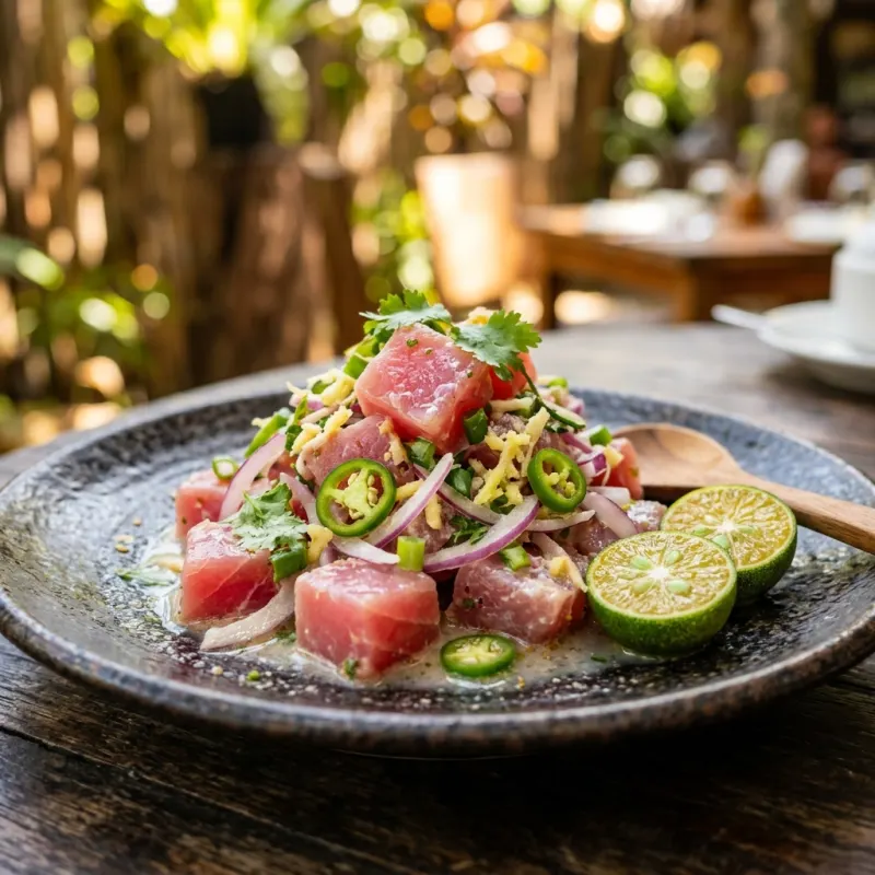 Kinilaw na Bariles fresh tuna ceviche with coconut milk and chilies