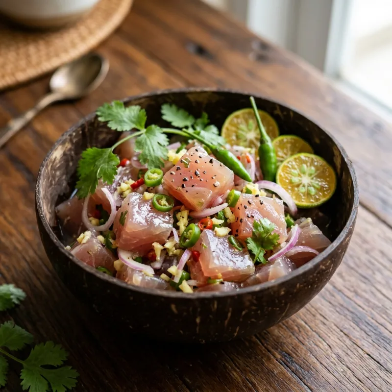 Kinilaw na Isda fresh tuna ceviche in a coconut bowl Mati Philippines