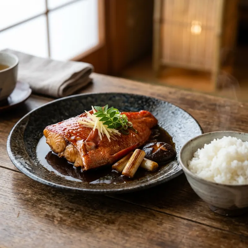 Kinmedai no Nitsuke, traditional Japanese simmered alfonsino fish in sweet soy glaze