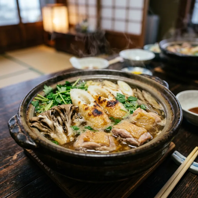 Authentic Japanese Kiritanpo Nabe simmering in an earthenware hot pot