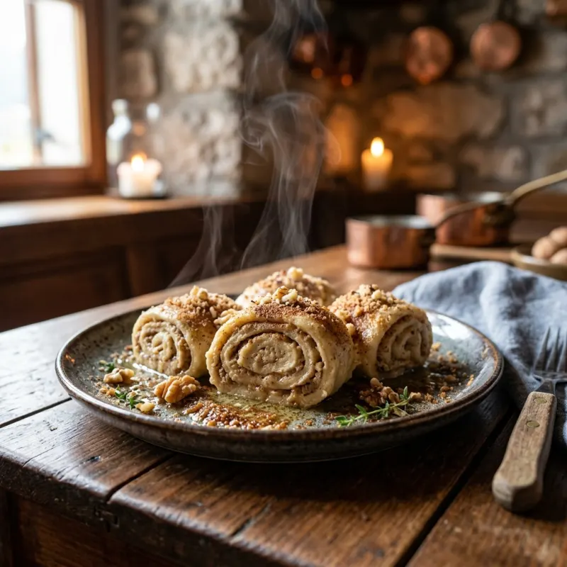 Traditional Kobariški štruklji walnut dumpling served with melted butter in a Slovenian mountain restaurant