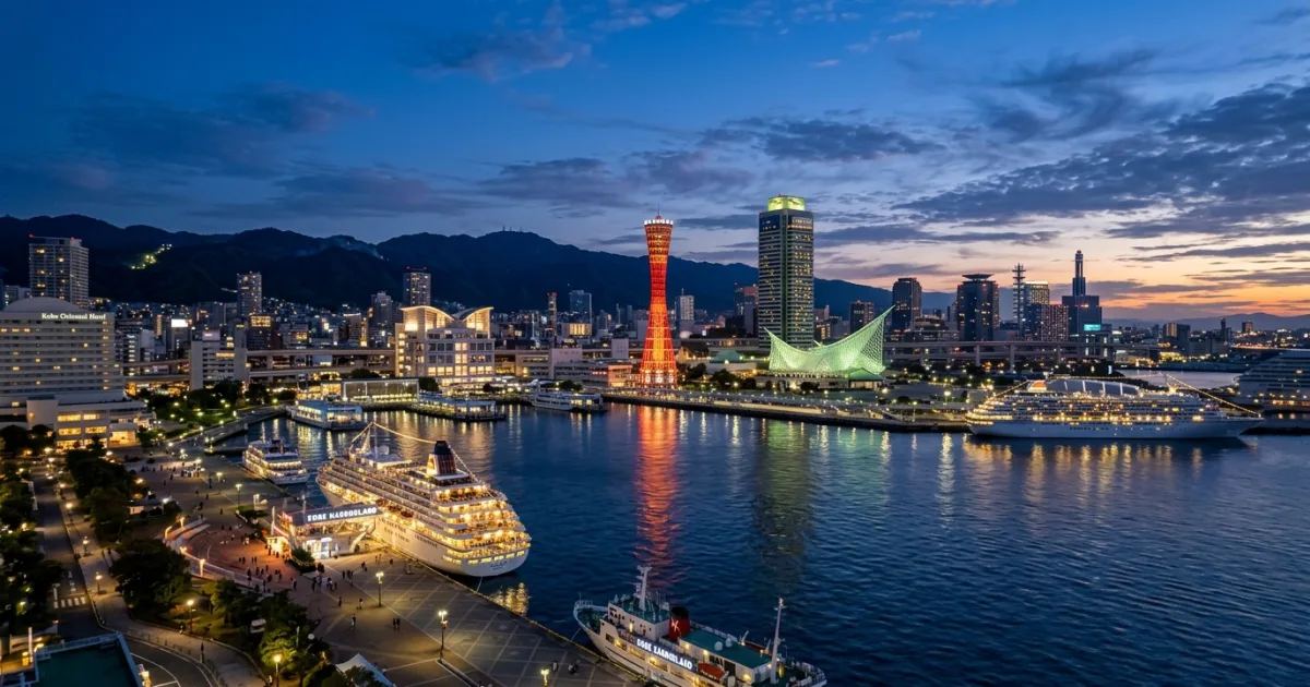 Panoramic sunset view of the Port of Kobe harbor with illuminated red Kobe Port Tower and Mount Rokko background
