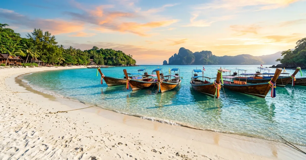 Panoramic view of Sunrise Beach on Koh Lipe with turquoise water and Thai longtail boats