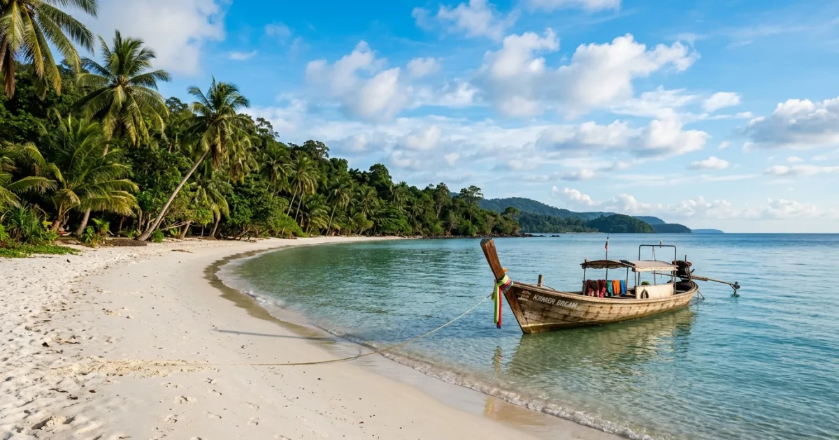 Panoramic view of white sand beach and turquoise water on Koh Rong Island Cambodia
