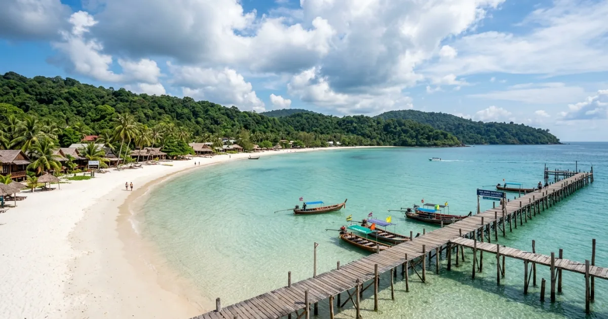 Panoramic view of Saracen Bay on Koh Rong Sanloem in Cambodia with turquoise water and white sand