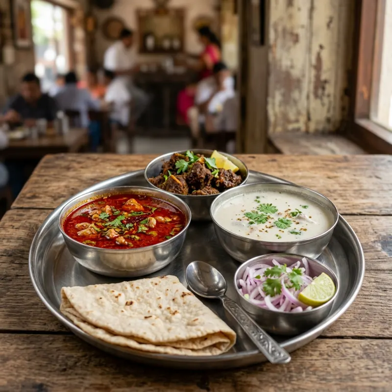 Traditional Kolhapuri Tambada and Pandhra Rassa mutton thali with bhakri flatbread