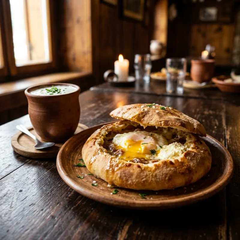 Komplet lepinja traditional Serbian flatbread with kajmak and egg
