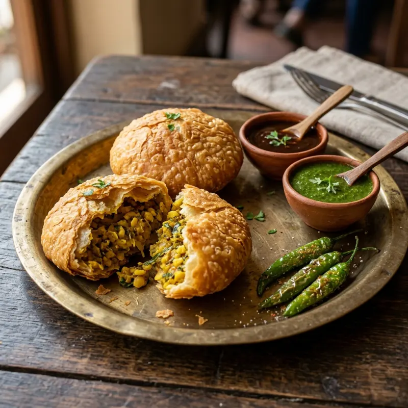 Golden crisp Kota kachori broken open to reveal spicy lentil filling with chutneys
