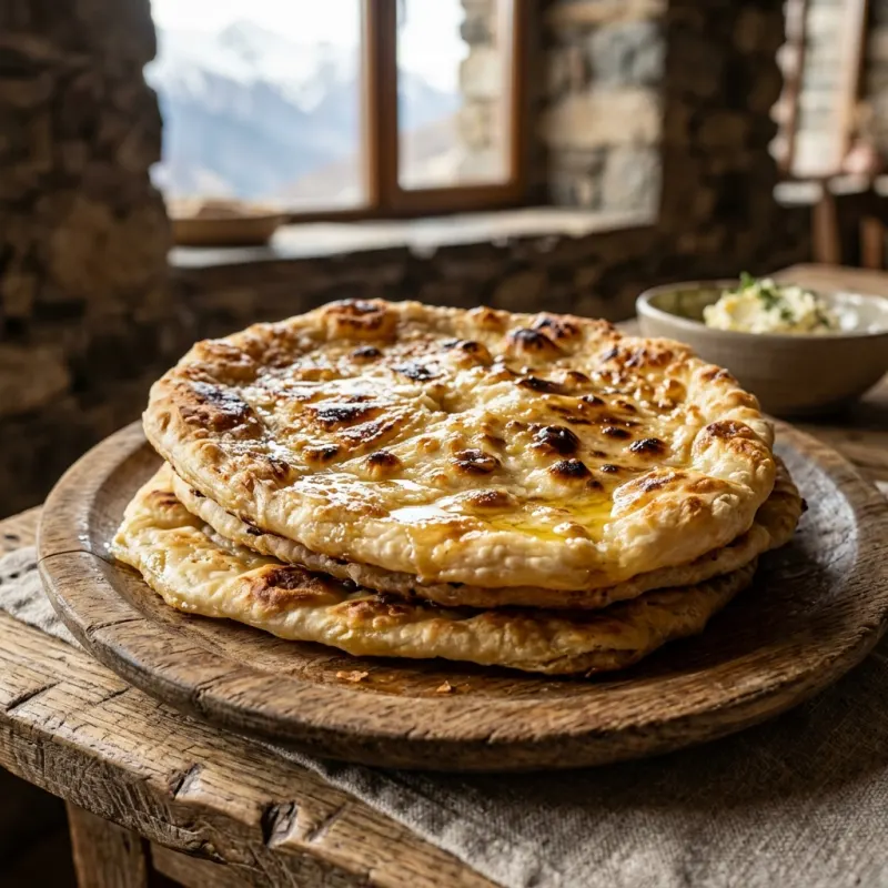Tushetian Kotori stuffed flatbread on a wooden board
