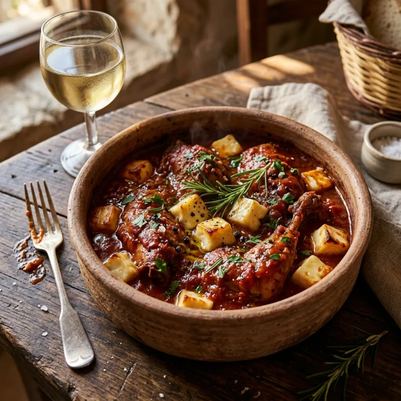 Traditional Zakynthian Kouneli Ladotyri braised rabbit in tomato sauce with Ladotyri cheese