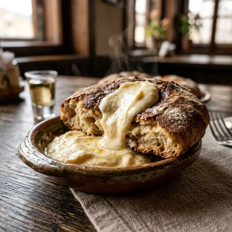 Authentic Kraljevački kajmak served with steaming hot pogača bread in an earthenware bowl