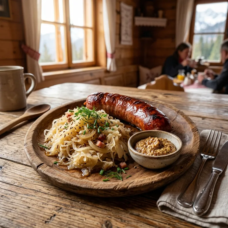 Slovenian Carniolan sausage served with warm sauerkraut and mustard on a wooden board