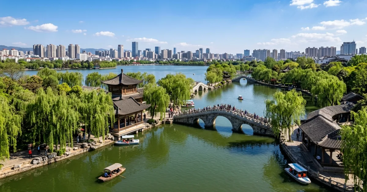 Panoramic view of Green Lake Park and pavilions in Kunming China
