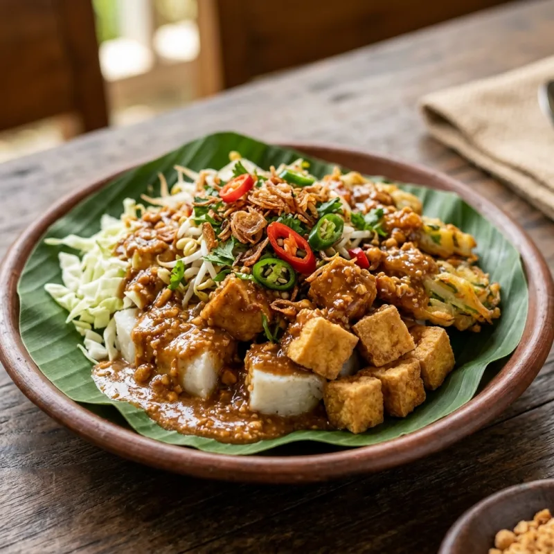 Authentic Kupat Tahu Magelang on a banana leaf plate