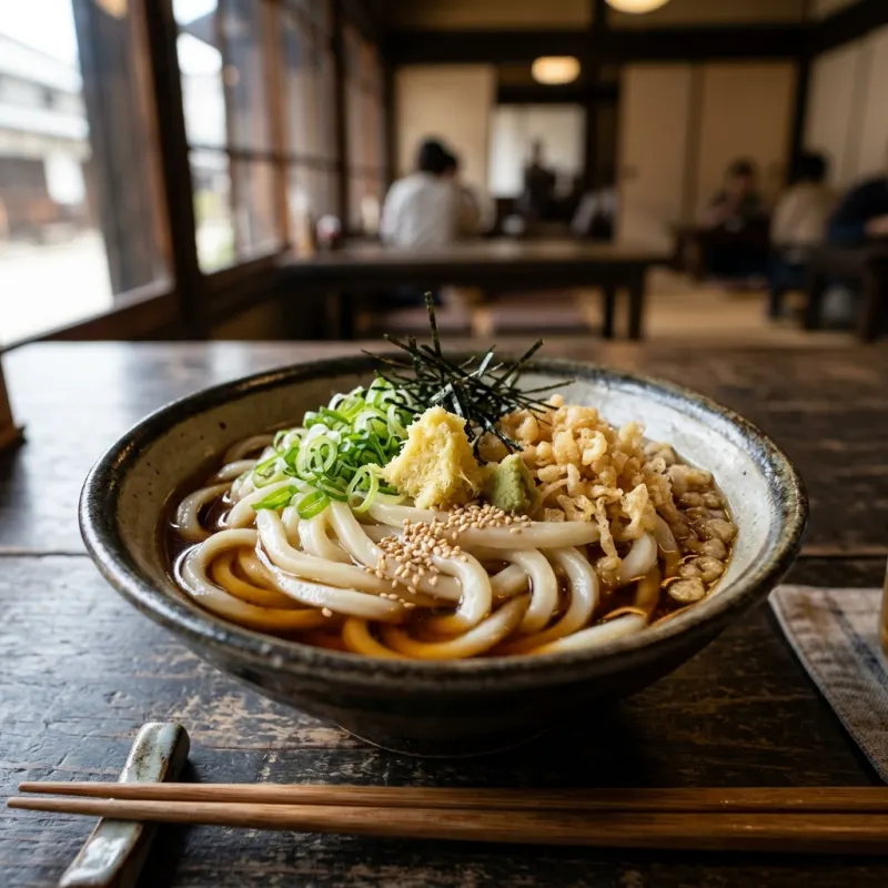 Bowl of traditional Kurashiki Bukkake Udon topped with ginger, scallions, and tempura flakes