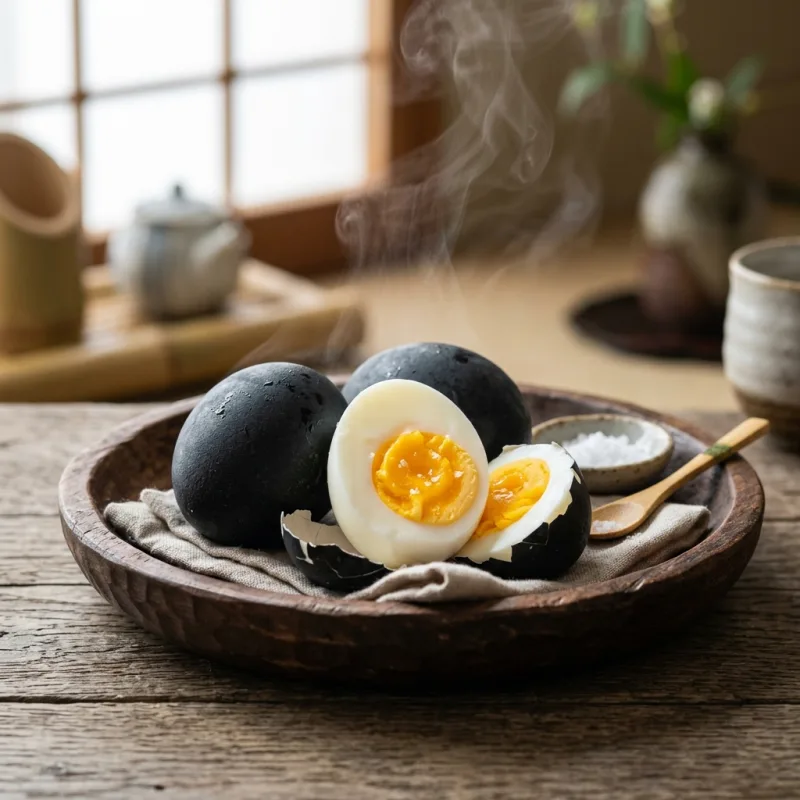 Owakudani black eggs with jet black shells and a steaming golden yolk in a wooden bowl