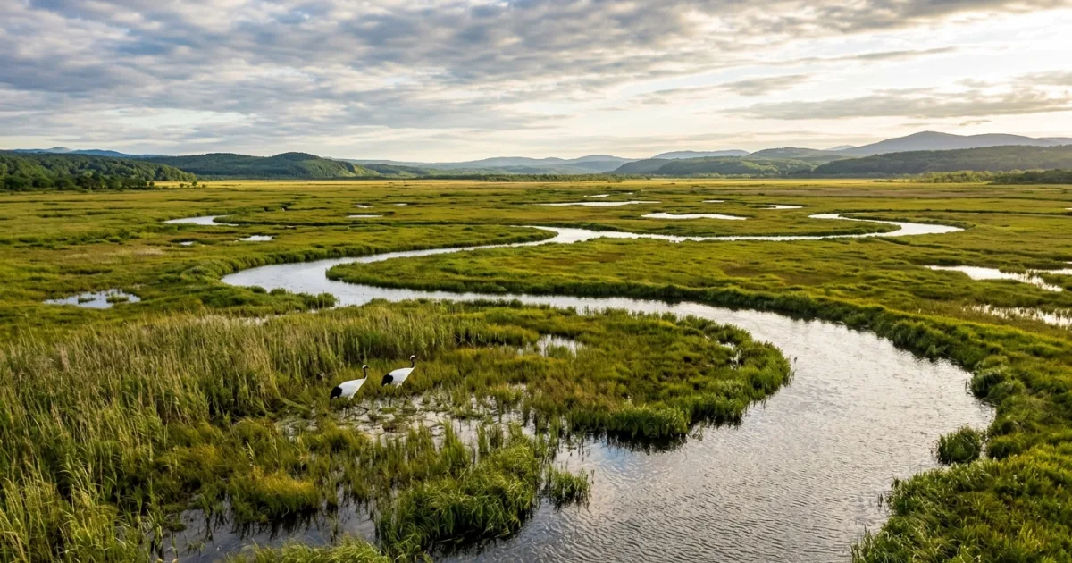 Scenic panoramic view of Kushiro Shitsugen wetlands with red-crowned cranes in Hokkaido, Japan