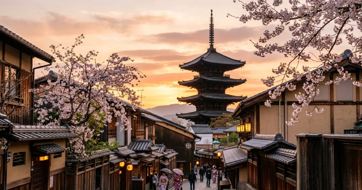 Panoramic view of Yasaka Pagoda and traditional streets in Kyoto Prefecture
