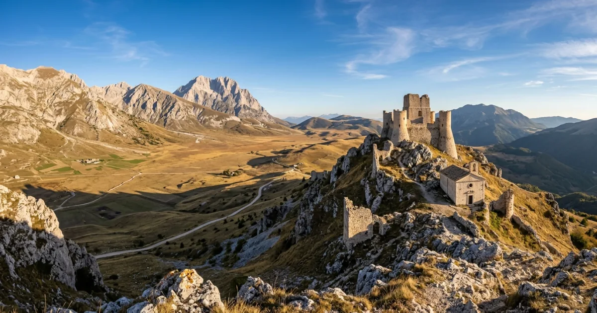 Panoramic view of the medieval fortress Rocca Calascio overlooking the Apennine mountains in L'Aquila Province, Italy