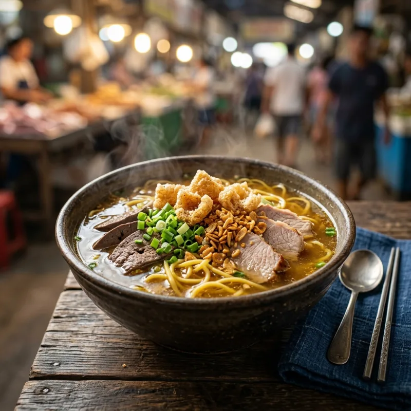Steaming bowl of authentic Iloilo La Paz Batchoy topped with chicharrón and scallions