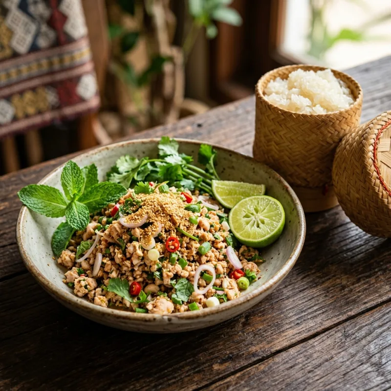 Authentic Lao laap herbal minced meat dish served with sticky rice