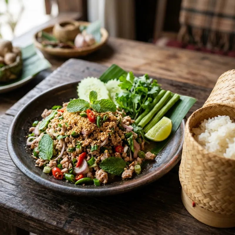 Authentic Lao minced pork salad Laap Moo served with sticky rice and herbs