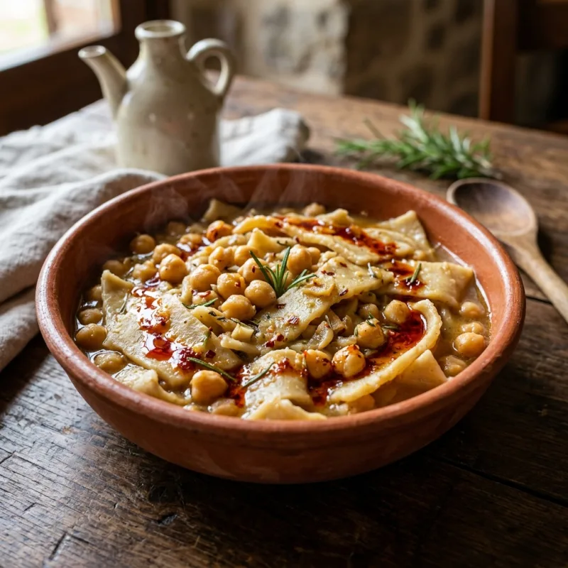 Authentic Calabrian Lagane e Ceci pasta in a terracotta bowl with chickpeas and chili oil