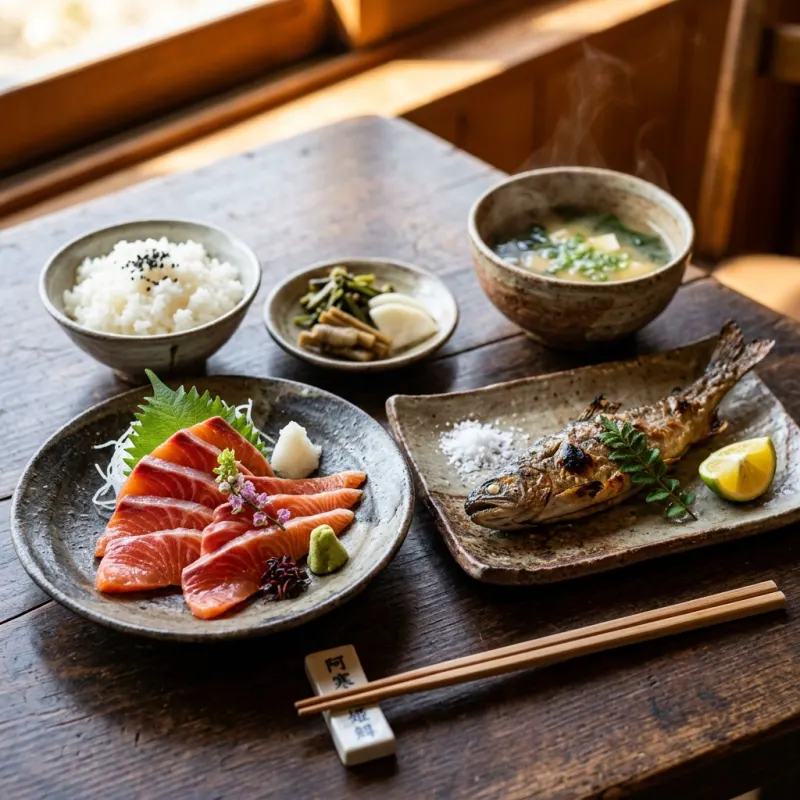 Lake Akan Himemasu kokanee salmon set meal with sashimi and grilled fish