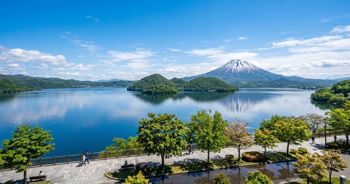 Panoramic view of Lake Toya with Nakajima islands and Mount Yotei in Hokkaido