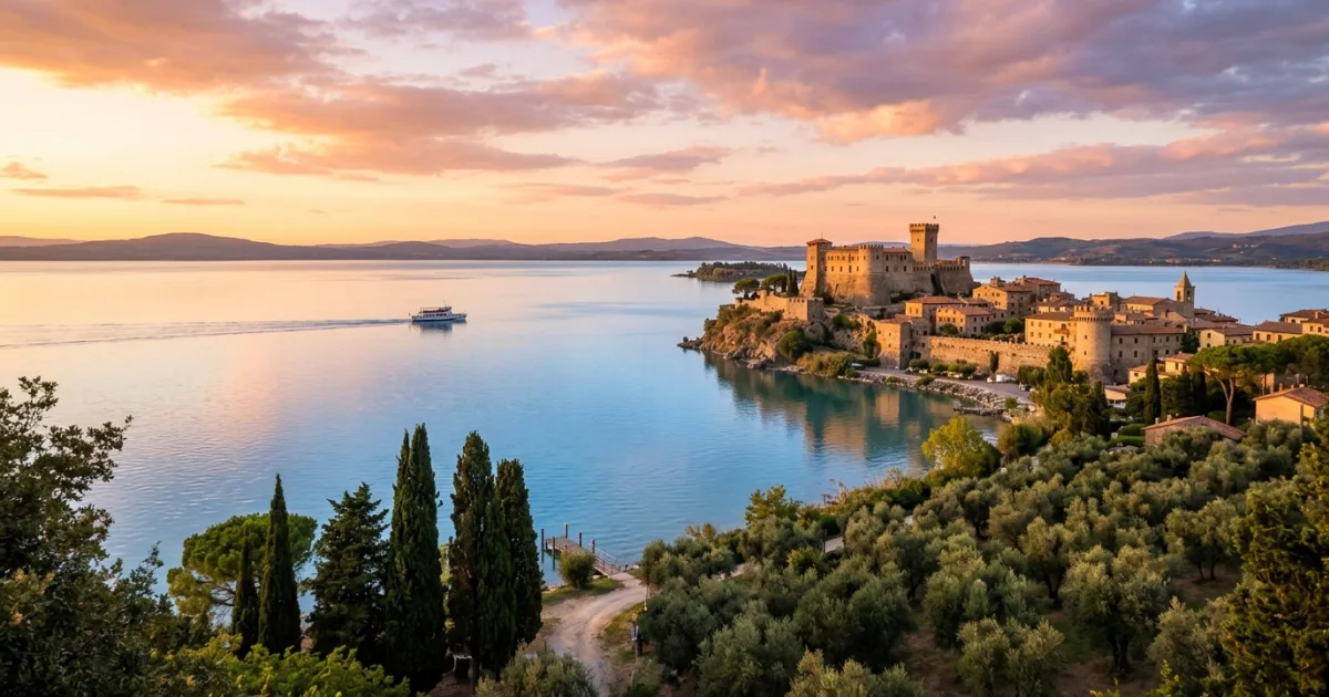 Panoramic sunset view over Lake Trasimeno in Umbria with Castiglione del Lago in the background