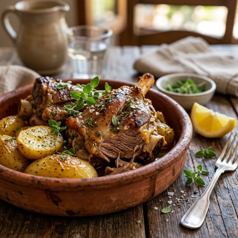 Authentic Cypriot slow-cooked lamb kleftiko with roasted potatoes on a rustic clay dish