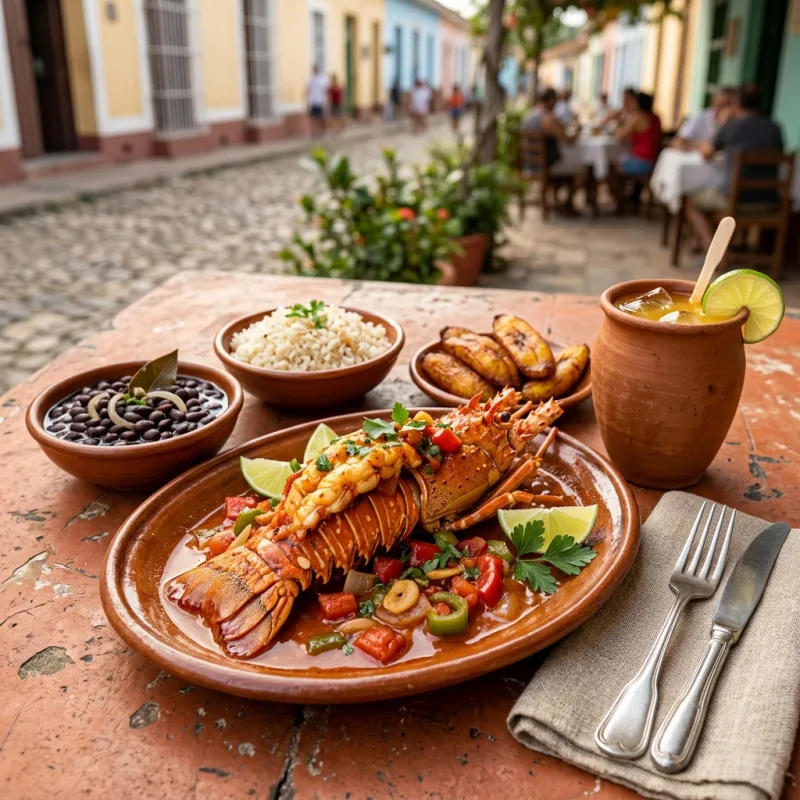 Langosta a la Criolla served with rice and a Canchanchara cocktail in Trinidad Cuba