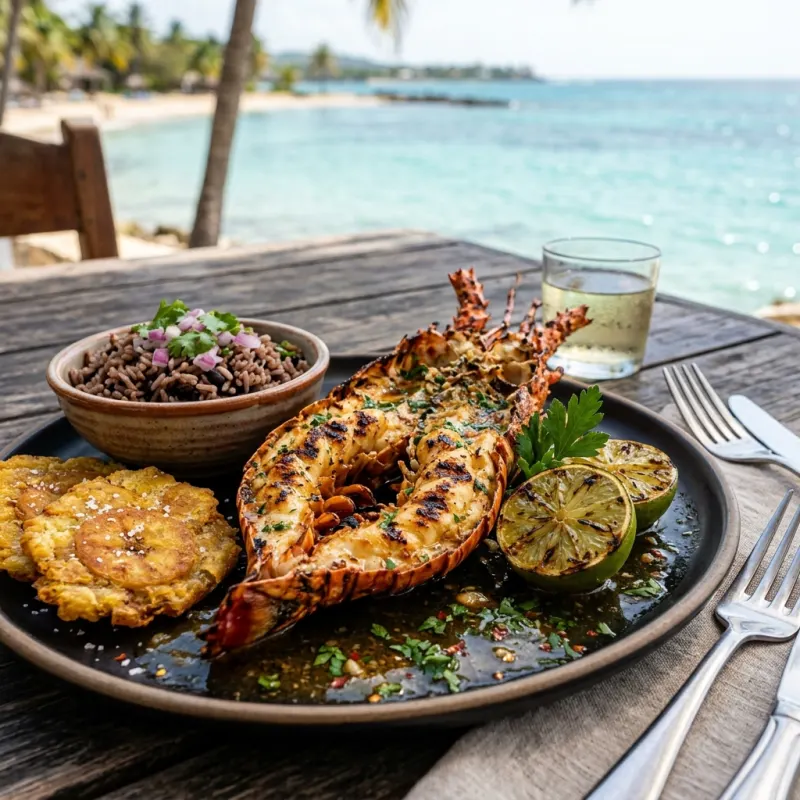 Grilled Cuban spiny lobster tail with garlic butter and traditional rice