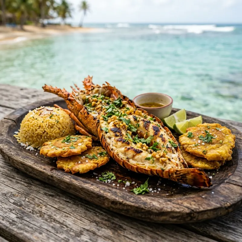 Freshly grilled spiny lobster served with coconut rice and patacones on a beach table in San Blas