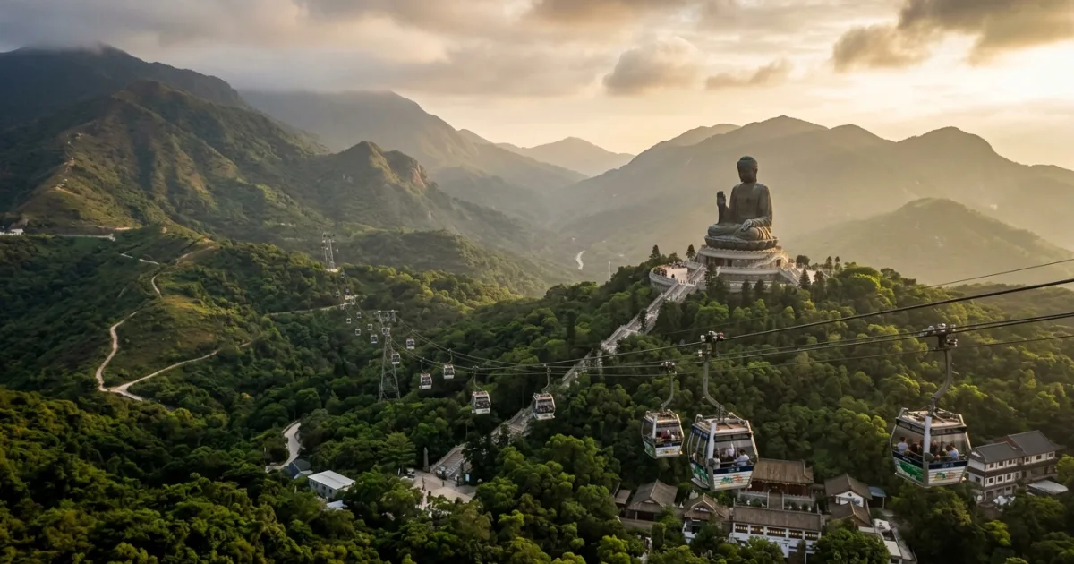 Panoramic view of Lantau Island featuring the Tian Tan Buddha and green mountains in Hong Kong