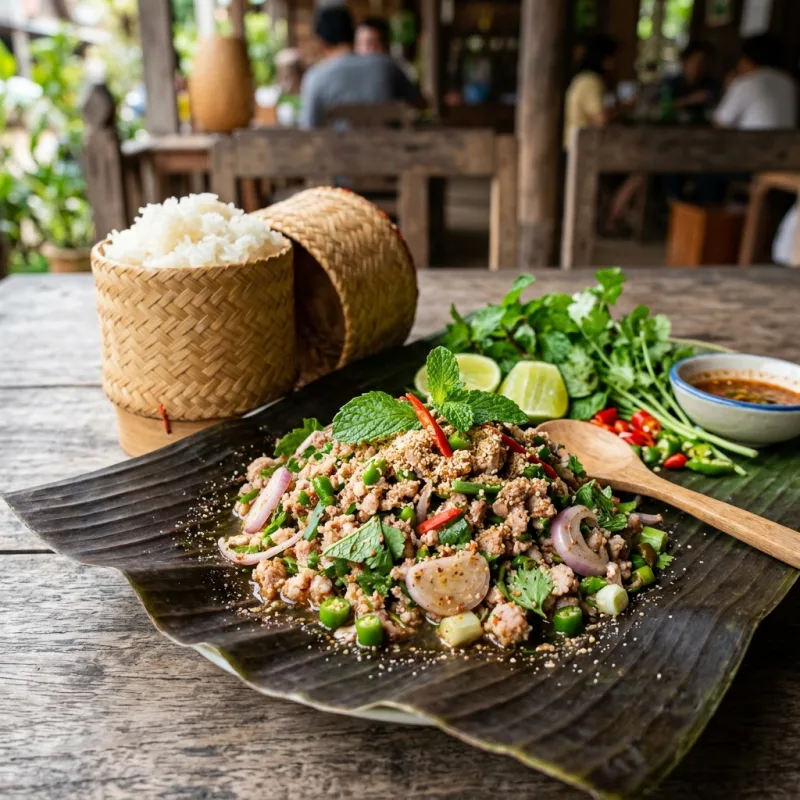 Authentic Lao Larb Moo minced pork salad with sticky rice