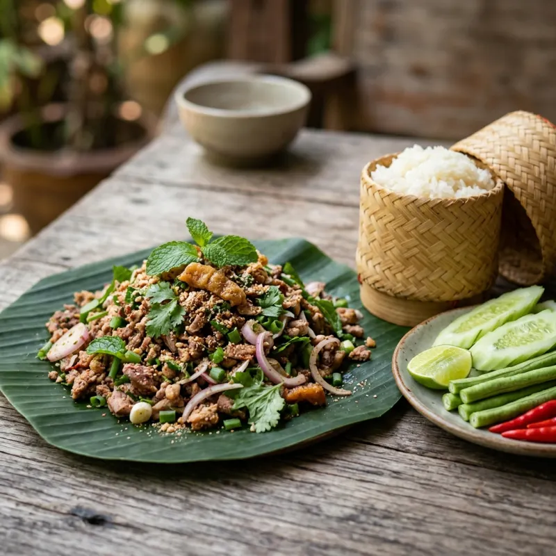 Authentic Lao minced duck salad Larb Ped served with sticky rice and fresh herbs